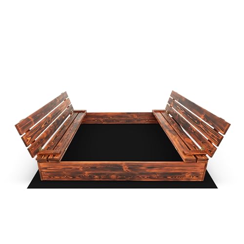 SunWood Sandkasten 160x160 cm Imprägniert Premium Sandbox mit Abdeckung Sitzbänken Deckel Plane Sandkiste Holz Kiefer Sandkastenvlies XL XXL (Imprägniert) von SunWood