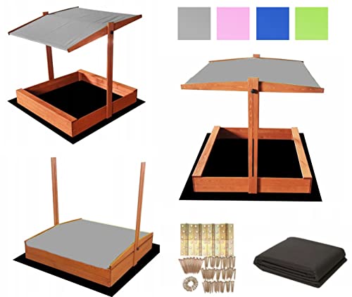 SunWood Sandkasten 100x100 cm Unbehandelt Premium Sandbox mit Abdeckung Sitzbänken Deckel Plane Sandkiste Holz Kiefer Sandkastenvlies (Natur-unbehandelt) von SunWood