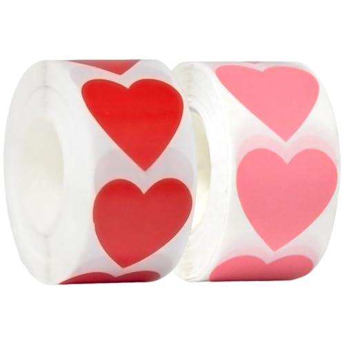 2 Herz-Aufkleberrollen (500 Stück pro Rolle), 2-farbige 1-Zoll-Herzaufkleber mit starkem Klebstoff für Valentinstag, Hochzeit, Muttertag, Geschenkverpackungen, Umschlagaufkleberrolle, Valentinsta von SunaOmni