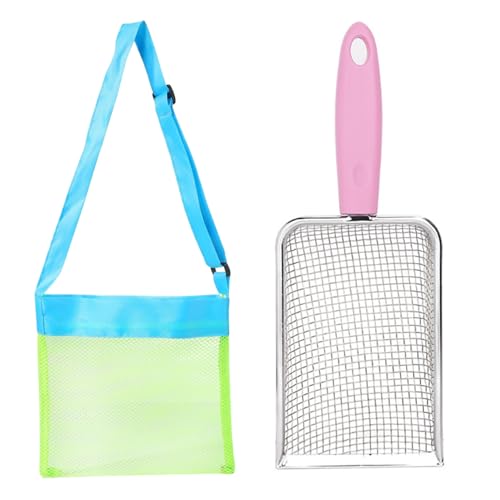 2-teiliges Set Sandsieb und Muscheltasche, Sandschaufel aus Edelstahl, Netz-Strandtasche mit verstellbarem Riemen für Kinder zum Muschelsammeln, Steinsuchen und Aufheben von Muscheln, Sandschaufe von SunaOmni