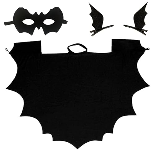 4-teiliges Halloween-Kostüm, Fledermauskostüm für Kinder, inklusive schwarzem Umhang, Fledermausaugenmaske, Fledermaus-Haarspangen, Unisex-Vampir-Fledermauskostüm, Halloween-Zubehör für Kinder, K von SunaOmni