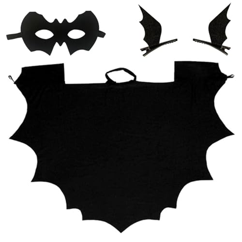 4-teiliges Halloween-Kostüm, Fledermauskostüm für Kinder, inklusive schwarzem Umhang, Fledermausaugenmaske und Fledermaus-Haarspangen, Unisex-Vampir-Fledermauskostüm, Halloween-Zubehör für Kinder von SunaOmni