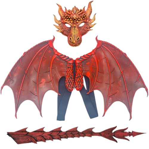 Drachenkostüm für Kinder, böse Drachenmaske, Flügelschwanz-Set, PU-Schaum, faltbare Halloween-Kostüme, Einheitsgröße, Halloween-Drache-Cosplay-Set für Jungen und Mädchen von 6–14 Jahren, rote Fuc von SunaOmni