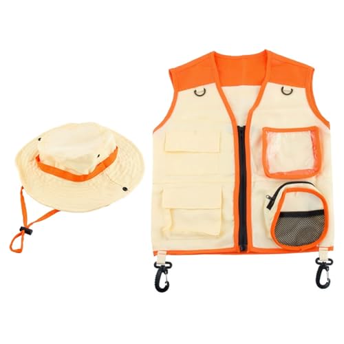 Entdecker-Set für Kinder, weiches Stoff-Entdecker-Safaris-Kostüm für Kinder, Angel-Abenteuer-Camping-Weste und Mütze für Jungen und Mädchen, Kleinkind-Outfit, orangefarbenes Zoowärter-Kostüm für von SunaOmni
