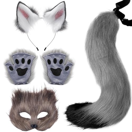 Fuchskostüm, 1 Set, realistisch, flauschig, süß, grau, dekorative Therian-Ausrüstung, inklusive Fuchsmaske, Fuchsohren, Fuchsschwanz und Fuchspfoten für Maskerade, Cosplay-Party, Halloween, Fuchs Fuchskostüm, 1 Set, realistisch, flauschig, süß, grau, dekorative Therian-Ausrüstung, inklusive Fuchsmaske, Fuchsohren, Fuchsschwanz und Fuchspfoten für Maskerade, Cosplay-Party, Halloween, Fuchs von SunaOmni
