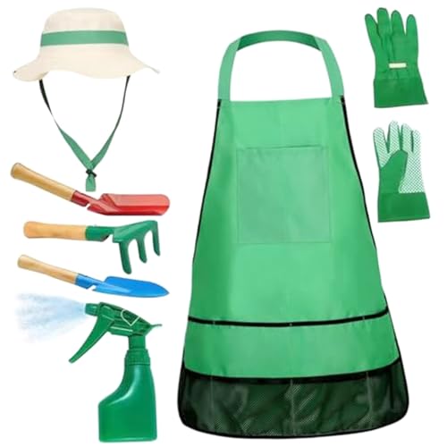 Gartenset für Kinder, 7-teiliges Gartenset für Kleinkinder mit Sonnenhut, Schürze, Sprüher, Handschuhen, Rechen, Kelle und Schaufeln, Gartengeräte für Kinder mit Einer Körpergröße von 115–145 cm von SunaOmni