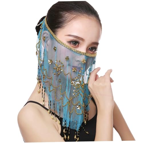 Gesichtsschleier, atmungsaktiver durchscheinender Bauchtanzschleier mit Paillettenperlen, verstellbares Bauchtanzkostüm mit Riemen für Themenparty-Zubehör, Bauchtänzerin-Outfit, Bauchtanzschleier von SunaOmni