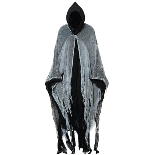 Hakenumhang, gruseliger Halloween-Shabby-Flickenumhang mit weißem Tüll für Männer, Frauen, Vintage-Mittelalter-Renaissance-Umhang mit Kapuze für Cosplay, Kostüm, Bühne, Filmrequisite (schwarz) Sc von SunaOmni