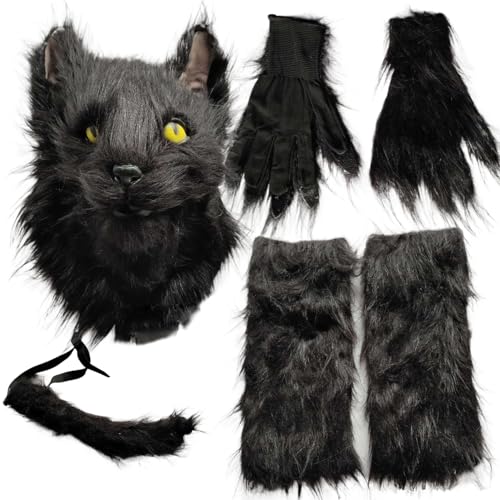 Halloween-Kostüm „Schwarze Katze" für erwachsene Frauen mit pelziger Katzenmaske, Katzenpfotenhandschuhen, Katzenschwanz und Beinwärmern. Pelziges Fuchs-Wolf-Kostüm für Cosplay-Party-Requisiten. von SunaOmni