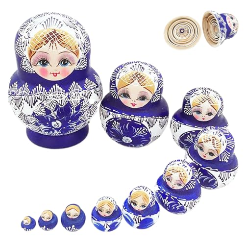 Matrjoschka-Puppen, 1 Set (10 Stück), Matroschka-Puppe mit Mädchenmuster, aus Holz, blau, Matrioshka, russische Matrjoschka-Puppen, Stapelspielzeug für Kinder, Heimdekoration, Geschenke für Kinde von SunaOmni