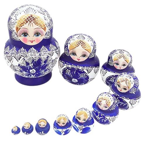 Matrjoschka-Puppen, 1 Set (10 Stück), Matroschka-Puppe mit Mädchenmuster, aus Holz, blau, Matrioshka, russische Matrjoschka-Puppen, Stapelspielzeug für Kinder, Heimdekoration, Geschenke für Kinde von SunaOmni