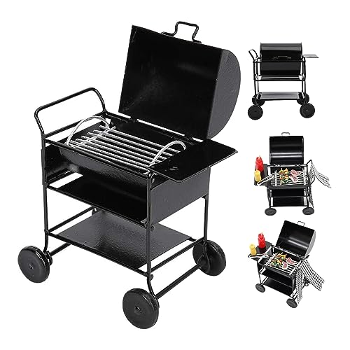 Puppenhaus-Küchenmöbel 1:12 Puppenhaus-Grillset mit Spieß, Steakgewürzflasche, Handtuch, Grillwagen, Zubehör für Kinder, Rollenspiele, Vögel fernhalten, Scherzspielzeug, STR von SunaOmni