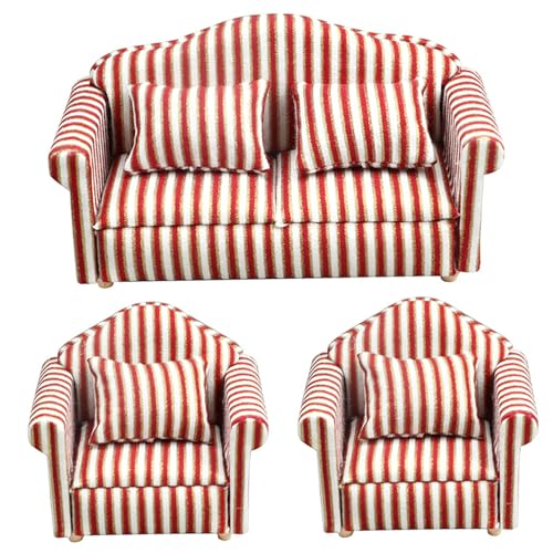 Puppenhauscouch, 3-teilig, Maßstab 1:12, Einzelsitz und 2-Sitzer, gestreiftes Puppenhaussofa mit Kissen, realistische Miniatur-Puppenhausmöbel für Wohnzimmer, Schlafzimmer, Miniaturcouch, Puppenh Puppenhauscouch, 3-teilig, Maßstab 1:12, Einzelsitz und 2-Sitzer, gestreiftes Puppenhaussofa mit Kissen, realistische Miniatur-Puppenhausmöbel für Wohnzimmer, Schlafzimmer, Miniaturcouch, Puppenh von SunaOmni
