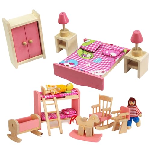 Puppenhausmöbel-Set aus Holz im Maßstab 1:12. Das Puppenhausmöbel-Set aus Holz umfasst EIN Etagenbett mit Leiter, einen Schaukelstuhl und EIN Pferd, einen Hochstuhl und eine Wiege. DIY-Puppenhaus von SunaOmni