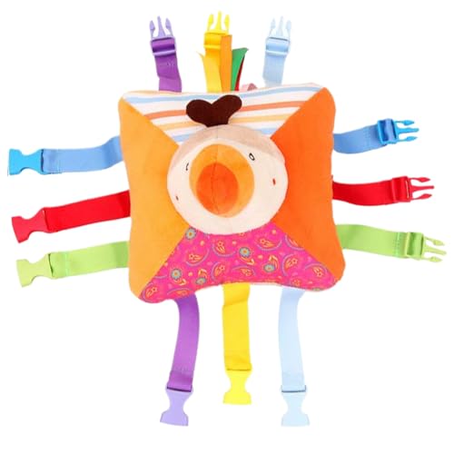 Reisespielzeug für Kleinkinder mit 6 Schnallenpaaren, Plüsch-Lernspielzeug mit Vogelmuster und geometrischer Figur auf der Rückseite und eingebauter Tasche. Klingende Kleinkindergeschenke für die von SunaOmni