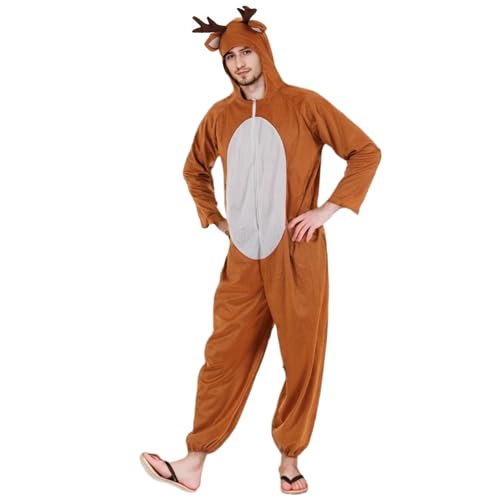 Rentierkostüm, Cartoon-Hirschkostüm mit Kapuze und Geweih, Hirschohren und Schwanz, Hirsch-Onesie mit Reißverschluss für Erwachsene für Männer Frauen, Weihnachten, Halloween, Overall, Cosplay Rentierkostüm, Cartoon-Hirschkostüm mit Kapuze und Geweih, Hirschohren und Schwanz, Hirsch-Onesie mit Reißverschluss für Erwachsene für Männer Frauen, Weihnachten, Halloween, Overall, Cosplay von SunaOmni