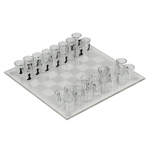 Schachspiel aus transparentem Schnapsglas, 25, 4 x 25, 4 cm großes Schachbrett aus Glas mit 32 Bechern und Schachfiguren, Trinkschnaps-Schachspiel, lustige Schachspiele für Erwachsene, Schnapsschac von SunaOmni