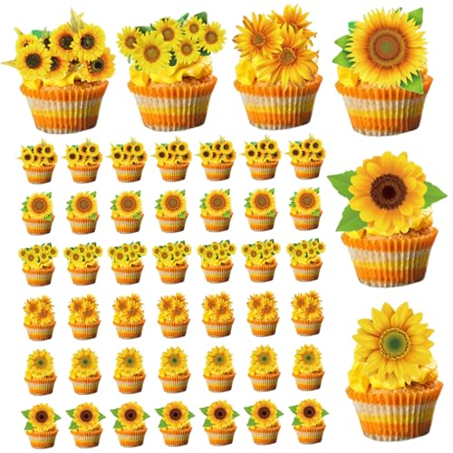 Sonnenblumen-Cupcake-Topper, 48 Stück, 6 Stile, Sonnenblumen-Kuchenaufsatz, einfach zu verwendende Geburtstags-Cupcake-Topper für Themengeburtstag, Schulparty, Kuchenaufsatz Sonnenblumen-Cupcake-Topper, 48 Stück, 6 Stile, Sonnenblumen-Kuchenaufsatz, einfach zu verwendende Geburtstags-Cupcake-Topper für Themengeburtstag, Schulparty, Kuchenaufsatz von SunaOmni