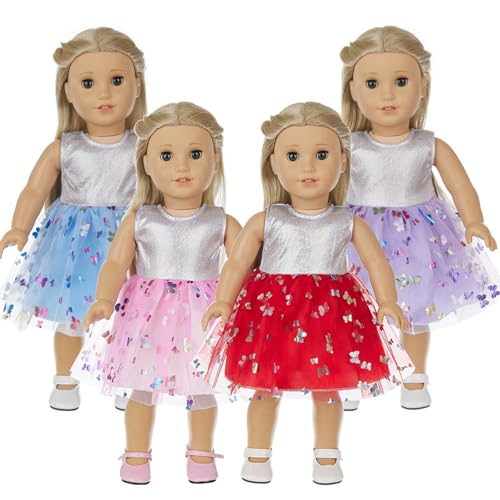 SunaOmni 4 Sets 18 Zoll Puppenkleidung, schöne Kleider, Puppenkleidung mit Schmetterlingen, 4 Farben, Babypuppenkleidung für 18 Zoll Mädchenpuppenzubehör, Babypuppenkleidung von SunaOmni