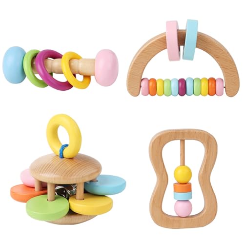 SunaOmni Babyrassel aus Holz, 4 Stück, 4 Stile, Glatte, Bunte Holzrassel für die Entwicklung der Feinmotorik des Babys, farbecht, Babyspielzeug aus Holz, Baby-Grundausstattung, Babyspielzeug, HOL SunaOmni Babyrassel aus Holz, 4 Stück, 4 Stile, Glatte, Bunte Holzrassel für die Entwicklung der Feinmotorik des Babys, farbecht, Babyspielzeug aus Holz, Baby-Grundausstattung, Babyspielzeug, HOL von SunaOmni