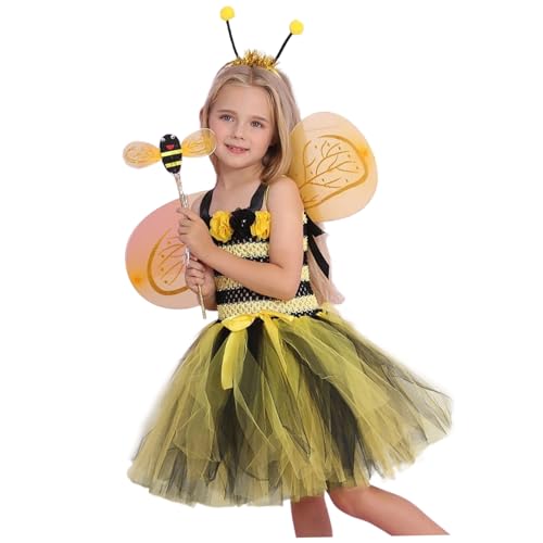 SunaOmni Bienenkostüm für Kinder, Kinderkostüme inklusive Tüllkleid, Flügel, Zauberstab und Stirnband für Cosplay-Partys für Kleinkinder und kleine Mädchen, L, Feenkostüm für Kinder von SunaOmni