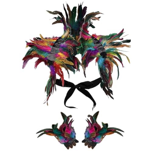 SunaOmni Federschal mit 2 Armbändern, 3-teilig/Set, bunter Halloween-Federnumhang mit Bindeband, realistischer Gothic-Federnkragen für Party, Kostüm, Cosplay, Federkragen, Federn-Schulterstück von SunaOmni