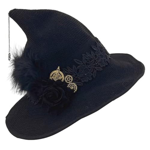 SunaOmni Hexenhut aus Filzwolle, Hexenhut für Erwachsene mit schwarzer Rose, Strickmütze für Zaubererkostüm, Cosplay, Halloweenparty und Geisterfest, Zaubererhut von SunaOmni