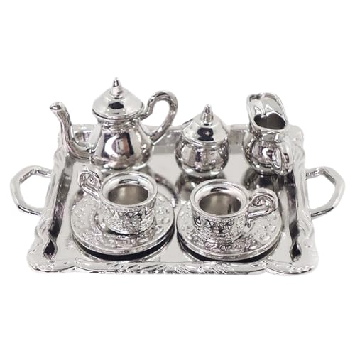 SunaOmni Mini-Teeservice, Metall 1/12 Miniatur-Teeservice, Vintage-Muster, kleines, dekoratives Mini-Teetassen-Tablett-Set für Puppenhaus, Haus-Ornament, Miniatur-, kleines Teese von SunaOmni
