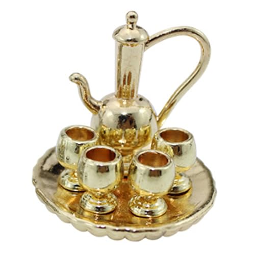 SunaOmni Miniatur-Teeservice, Maßstab 1:12, Mini-Teeservice aus Goldlegierung mit Mini-Tassen, Teekanne und Tablett für Puppenhausdekorationen, Kindergeschenke, Teetassen, Miniatur-Küchenset, Puppenh von SunaOmni