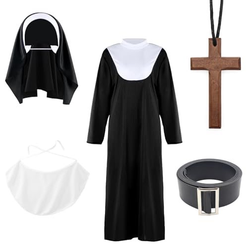 SunaOmni Nonnenkostüme für Damen, Halloween-Nonnen-Outfit mit Kopfbedeckung, Latz, Gürtel und Kreuzkette, religiöse Damenkostüme für Halloween-Partys, Cosplay-Zubehör, Nonnenkostüme für Damen SunaOmni Nonnenkostüme für Damen, Halloween-Nonnen-Outfit mit Kopfbedeckung, Latz, Gürtel und Kreuzkette, religiöse Damenkostüme für Halloween-Partys, Cosplay-Zubehör, Nonnenkostüme für Damen von SunaOmni