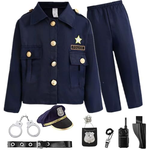 SunaOmni Polizeikostüm für Kinder 5–7, Polizistenkostüm für Kinder, Polizeiuniform mit realistischem Zubehör, Rollenspiel-Ankleideset für Jungen, Geburtstagsgeschenke, Halloween-Kostüme für, S, Pol von SunaOmni