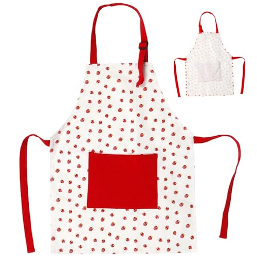 SunaOmni Schürzen für Kinder, rotes Erdbeermuster, Baumwoll-Kinderschürzen mit Vordertasche und verstellbarem Nackenband zum Kochen, Malen, Gärtnern, Kinderschürzen zum Malen, Kochen von SunaOmni