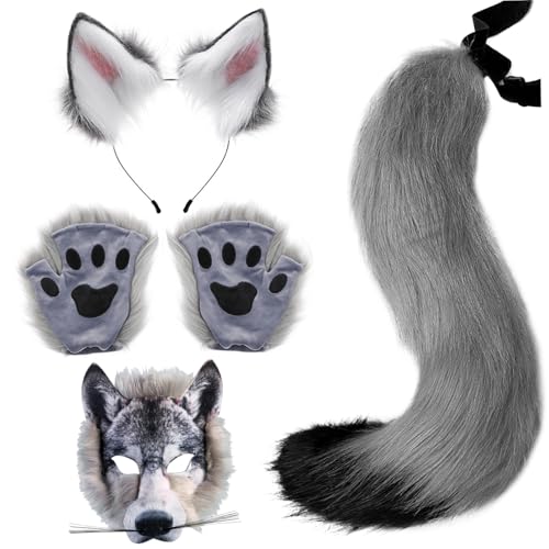 SunaOmni Wolfsmaske mit Wolfspfoten & Wolfsohren und Schwanz-Set, realistisches pelziges Wolfskostüm, DIY-Dekorationskostüme für Halloween-Maskenball, Cosplay, Wolfspfoten, Wolfskostüm von SunaOmni