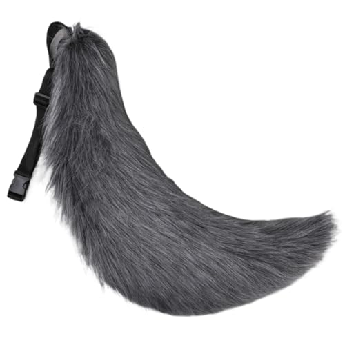 Therian Tail 27 Zoll Halloween-Pelzschwanz mit Gürteldesign, Wolfsschwanz aus Kunstfell für Erwachsene und Kinder, Cosplay-Party, Kostümzubehör (grau), Wolfsschwanz, Fuchsschwanz, Kunstfellschwan von SunaOmni