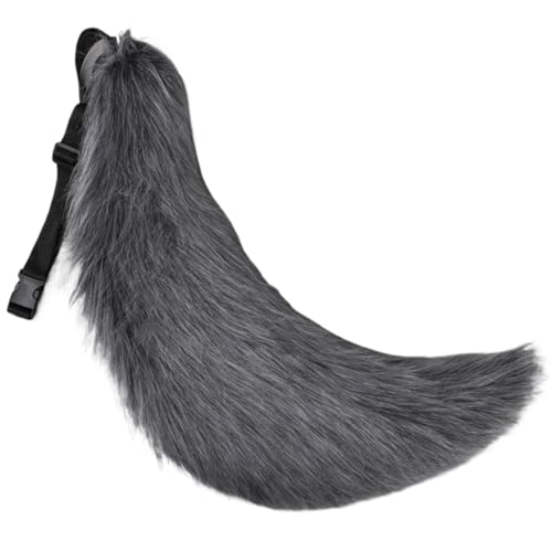 Therian Tail 27 Zoll Halloween Pelzschwanz mit Gürteldesign Kunstfell Wolfsschwanz für Erwachsene Kinder Cosplay Party Kostümzubehör (Grau) Fuchsschwanz Kunstfellschwanz Fuchskostüm Wolfsschwanz von SunaOmni