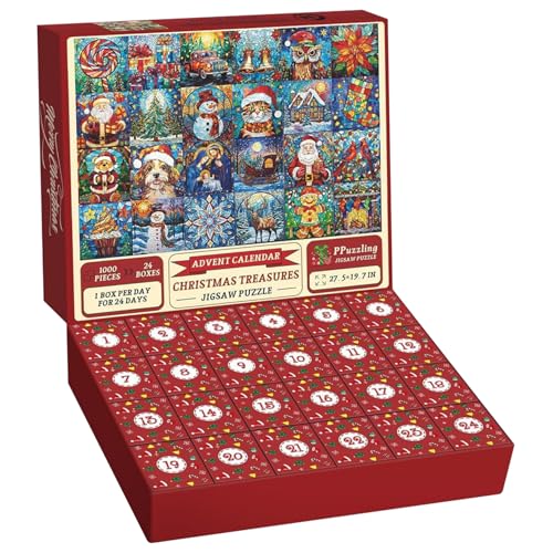 Weihnachts-Adventskalender-Puzzle, 1000 Teile, 24-Tage-Adventskalender 2024, mit Rückseitenspitze und Poster, eng anliegender, klarer Druck, Weihnachts-Adventskalender-Puzzle, 16 x 11 Zoll, Adventskal von SunaOmni