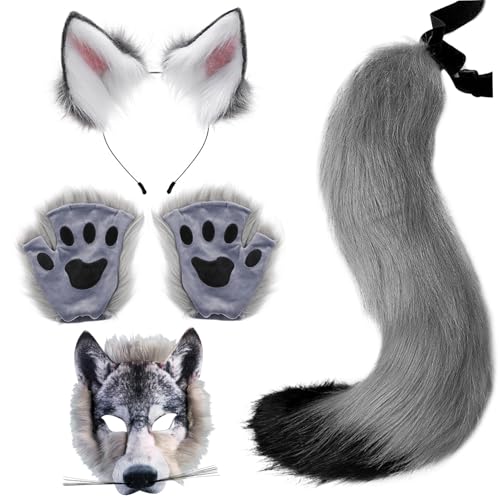 Wolfsmaske mit Wolfspfoten, Wolfsohren und Schwanz-Set, realistisches pelziges Wolfskostüm, DIY-Dekorationskostüme für Halloween-Maskenball, Cosplay, Wolfsohren und Schwanz-Set, Wolfspfoten, Hall von SunaOmni