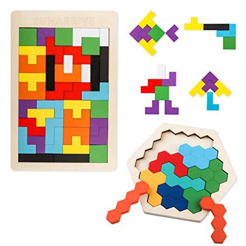 Sunarrive Hexagon Holzpuzzle für Kinder - Denkspiele - Holz Logikspiele Tangram Puzzle - Iq Spiele - Montessori Spielzeug ab 5 Jahre - Konzentrationsspiele Geschicklichkeitsspiel Legespiel von Sunarrive