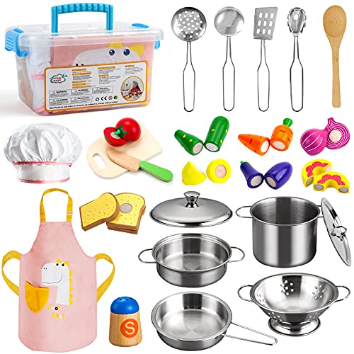 Sundaymot Küchenspielzeug Zubehör, Kinderküche Kochgeschirr Mit Edelstahl Töpfe Pfannenset, Schürze und Kochmütze, Gemüse Lebensmittel Spielzeug Rollenspiele Set für Mädchen Jungen Sundaymot Küchenspielzeug Zubehör, Kinderküche Kochgeschirr Mit Edelstahl Töpfe Pfannenset, Schürze und Kochmütze, Gemüse Lebensmittel Spielzeug Rollenspiele Set für Mädchen Jungen von Sundaymot