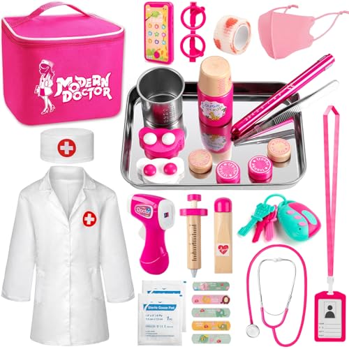 Sundaymot Arztkoffer Kinder Spielset, Kinder Doktorkoffer Holz Mit Echtem Stethoskop, Thermometer, Arztkittel und tragbare Doktortasche, Rollenspiel Spielzeug ab 3 Jahre von Sundaymot