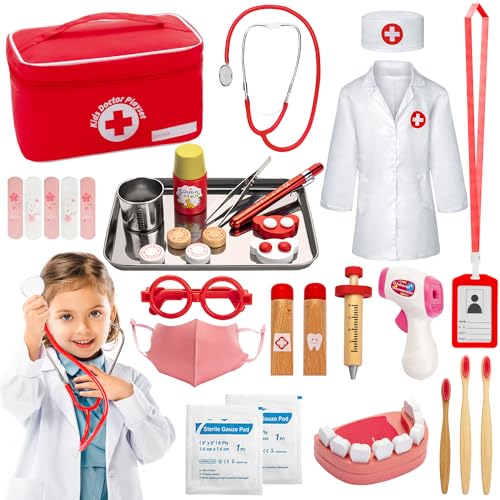 Sundaymot Arztkoffer Kinder Holz, Spielset Zahnarzt Holz mit Echt Stethoskop, Thermometer, Zahnarztkoffer, Rot Rollenspiel Medizinisches Spielzeug Geschenk für Mädchen Junge 3 4 5 Jahre (32 STK) Sundaymot Arztkoffer Kinder Holz, Spielset Zahnarzt Holz mit Echt Stethoskop, Thermometer, Zahnarztkoffer, Rot Rollenspiel Medizinisches Spielzeug Geschenk für Mädchen Junge 3 4 5 Jahre (32 STK) von Sundaymot