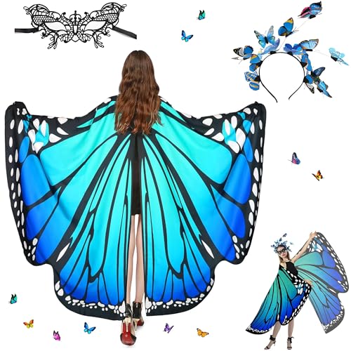 Sundonix Fasching Schmetterling Umhang für Damen - Farbenfrohes Karneval Kostüm Damen, Ideal für Karneval, Fasching und Cosplay(Polyester, Einfachseitige Druck, Blau) von Sundonix