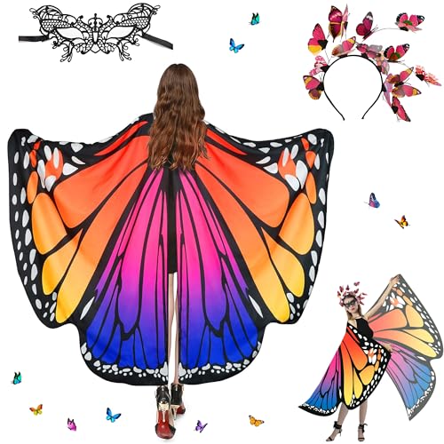 Sundonix Fasching Schmetterling Umhang für Damen - Farbenfrohes Karneval Kostüm Damen, Ideal für Karneval, Fasching und Cosplay(Polyester, Einfachseitige Druck, orange-purple) von Sundonix