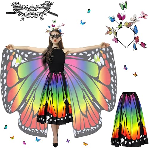 Sundonix Damen Schmetterling Umhang - Farbenfrohes Karneval Kostüm, Ideal für Fasching, Karneval und Cosplay (Regenbogen Anzug) von Sundonix