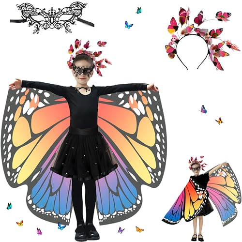 Sundonix Fasching Schmetterling Umhang für kinder - Karneval Kostüm mit Schmetterlingskopfband und Maske, ideal für Karneval, Fasching und Cosplay (orange-purple) von Sundonix