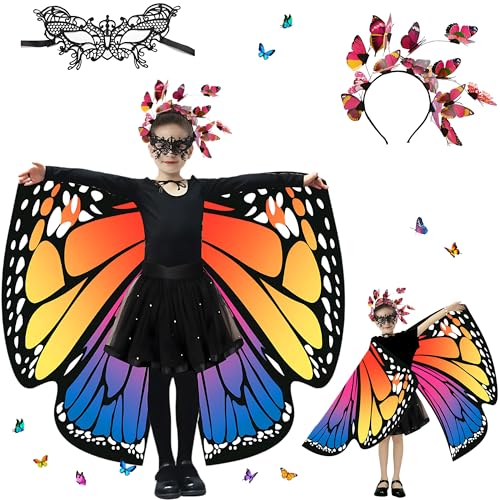 Sundonix Fasching Schmetterling Umhang für kinder - Karneval Kostüm mit Schmetterlingskopfband und Maske, ideal für Karneval, Fasching und Cosplay (Beidseitige-orange-purple) von Sundonix