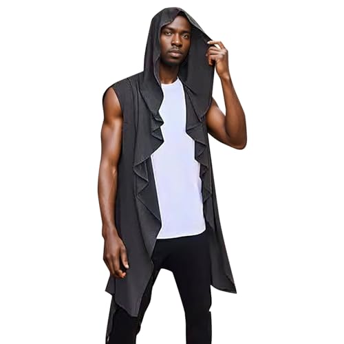 Sunfashion Schwarzes Lolitakleid Gothic Kapuze Ärmellos Schalkragen Strickjacke Drapiert Einfarbig Leichter Cape Mantel Cosplay Kostüme Für Männer Attentäter (Black, XXL) von Sunfashion