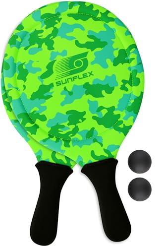 Sunflex® Jerseyprene Beachball Set Camo Green mit Zwei Schlägern und Zwei Bällen|weich und leicht|extrem robust und wasserfest | Schlägerspiel für Strand und Wiese von Sunflex