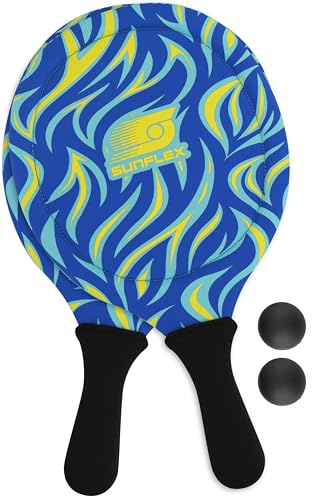 Sunflex® Neopren Beachball Set Flames Bluefire mit Zwei Schlägern und Zwei Bällen|weich und leicht|extrem robust und wasserfest | Schlägerspiel für Strand und Wiese von Sunflex
