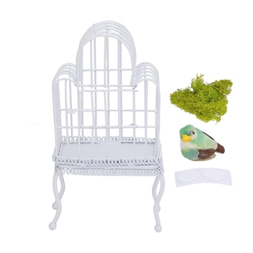 Sunicon 1:12 Dollhouse Vogelkäfig, Metall Realistische Eröffnungstür Miniatur -Puppenhaus Vogelkäfig mit falschem Gras Vogelaufkleber (White) von Sunicon